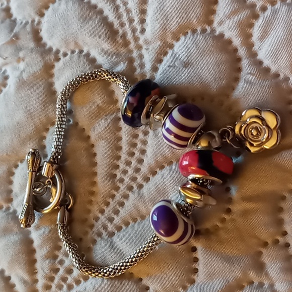silver toggle bracelet Jewelry - SILVER ROSE WITH PURPLE&PINK GLASS BEADS TOGGLE BRACELET 7 to 8 in